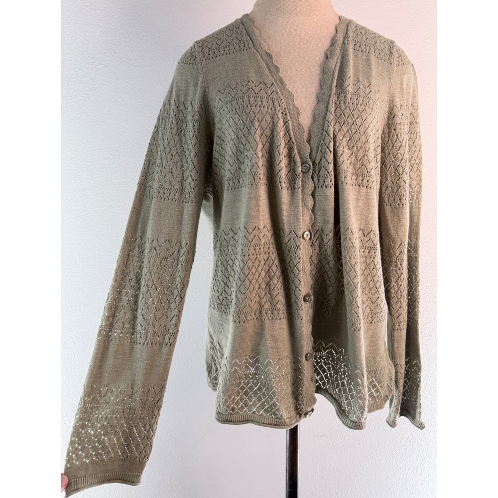 Frye Mint Green Pointelle Knit Cardigan Sweater 100% Cotton Boho Scallop Lace XL